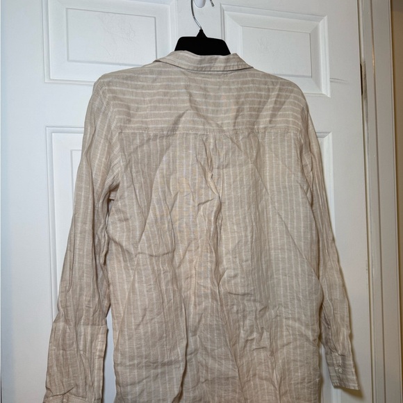 Gap Woman’s Boyfriend Shirt Linen Tan And Ivory Stripe Button Up Small Collar - Picture 5 of 6